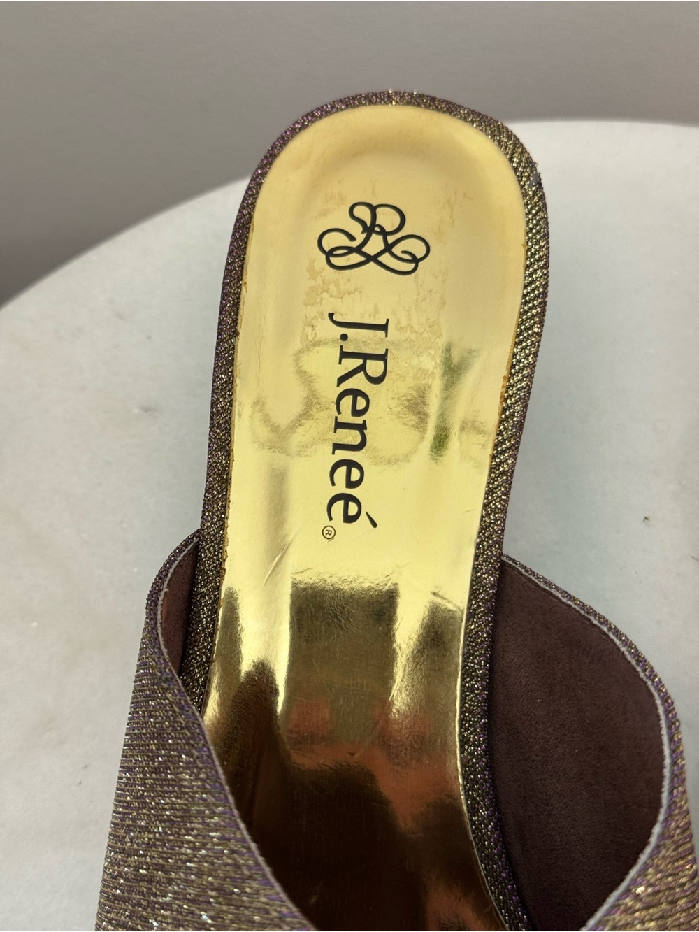 J.Renee Gold Glitter and Purple Hued Bow Peep-Toe Heels - Picture 4 of 12